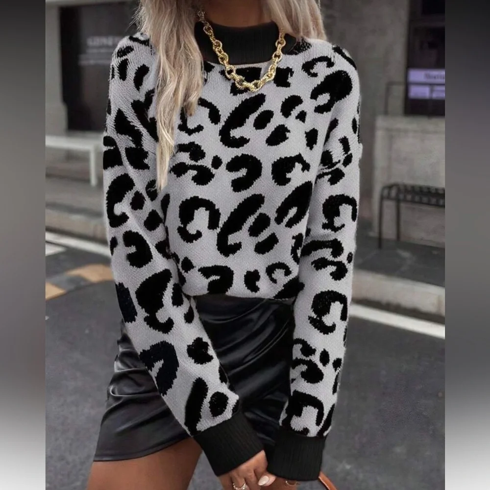 Leopard Print Sweater with Gray Accents